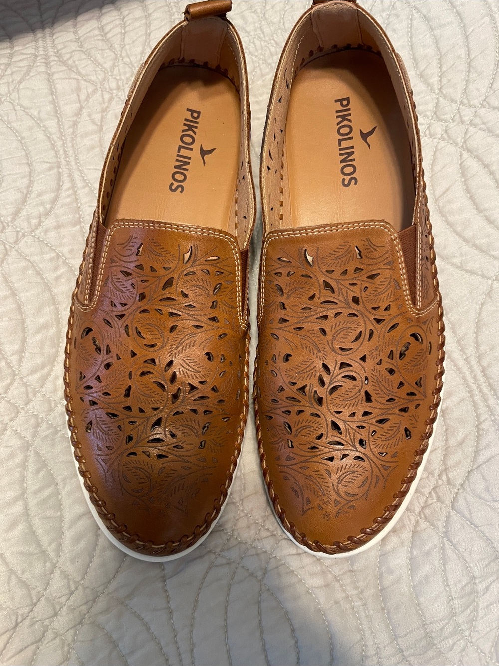 PIKOLINOS Brown Leather Laser-Cut Slip-On Loafers Size 41